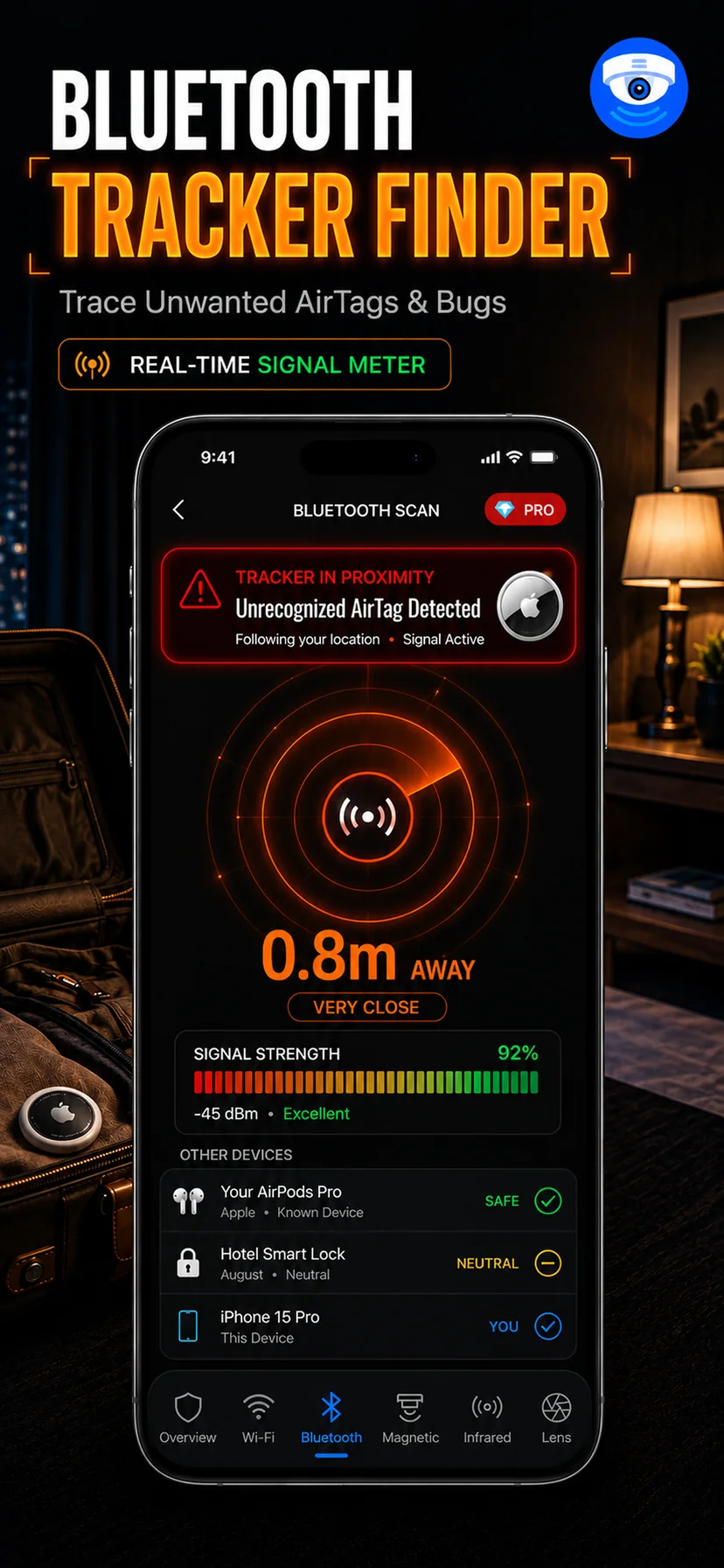 Сканирование Bluetooth: неизвестный AirTag в 0,8 м и индикатор уровня сигнала