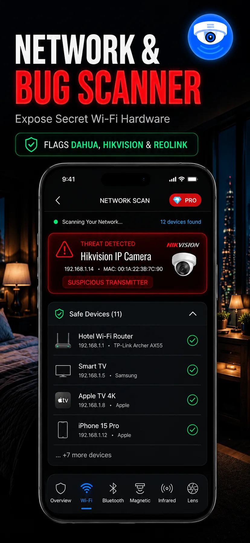 Сканирование Wi-Fi: 12 устройств, IP-камера Hikvision отмечена как подозрительная
